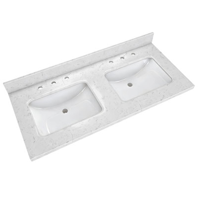 Comptoir de meuble-lavabo double 54 po avec lavabo, comptoir de salle de bain en pierre d'ingénierie blanc de Carrare, comptoir en marbre avec lavabos intégrés, trous de robinet espacés de 8 po