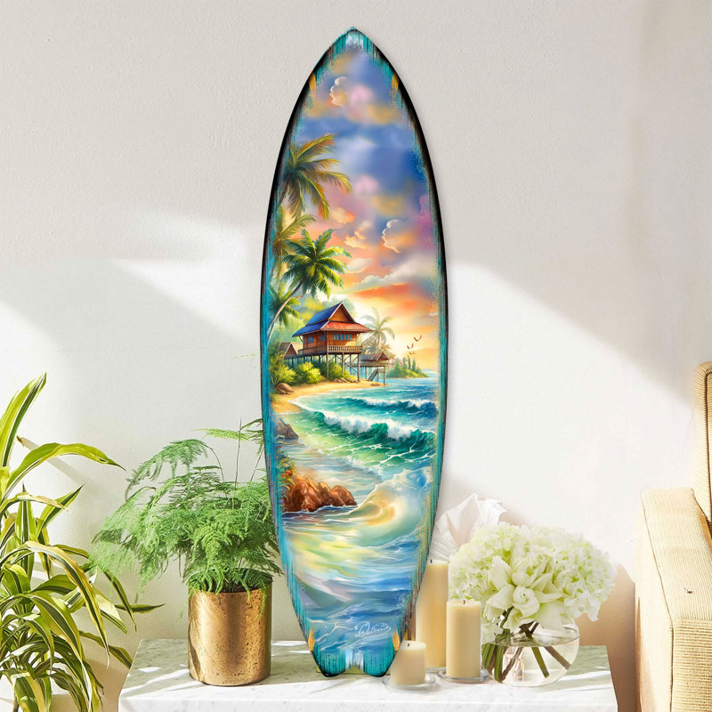 Art mural de sirène, planche de surf - décoration côtière fabriquée à la main, H 24 po x l 7 po