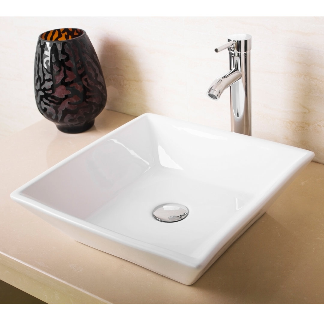 Wonline 16.535'' White Ceramic Square Bathroom Sink with Faucet wonline