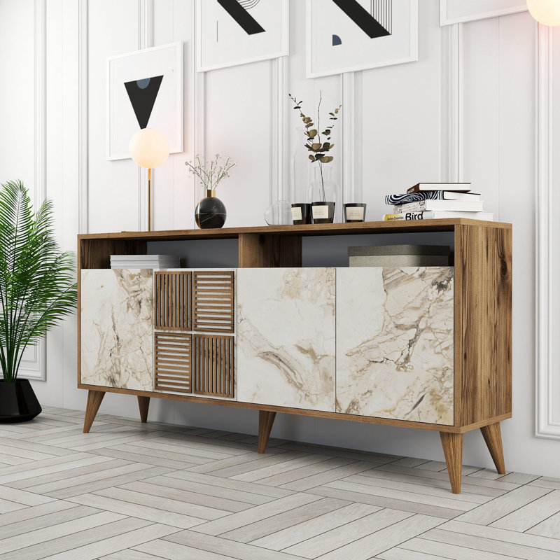 Adrius Console Table, 78.6 H x 160 W x 35 D cm, Walnut, White Marble