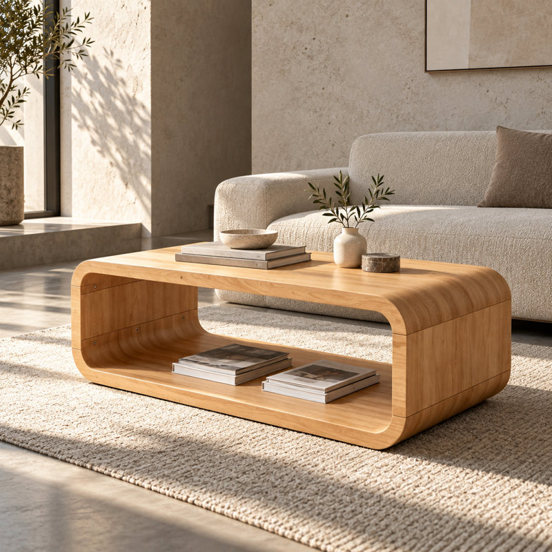Table basse minimaliste en bois clair naturel, structure ouverte arrondie en bois massif avec rangement ouvert à 2 niveaux, table d'appoint rectangulaire basse
