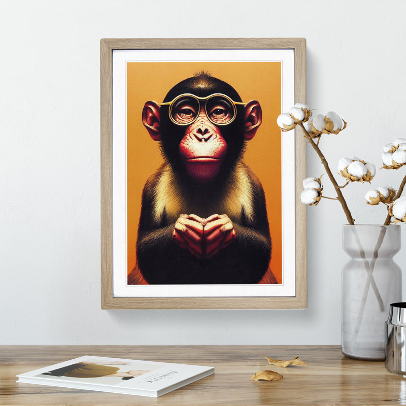 Monkey In Glasses No.2 - Framed Print, 64cm H x 46cm W, Beige