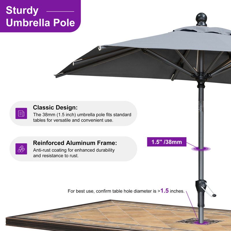 Parasol de table de marché à manivelle et inclinable 72 po x 48 po PURPLE LEAF, Gris clair