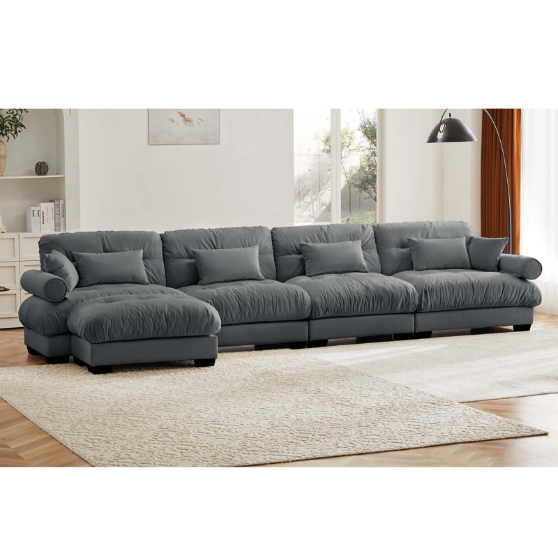 L-Shaped 4 Seater Sectional Sofa With 1 Movable Ottomans & Pillows, Grey Velvet