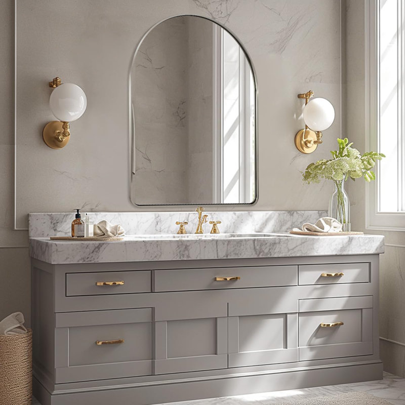 Malisa Contemporary Arched Bathroom Vanity Mirror | Stainless Steel Thick Frame, 40" x 30", Brushed Nickel