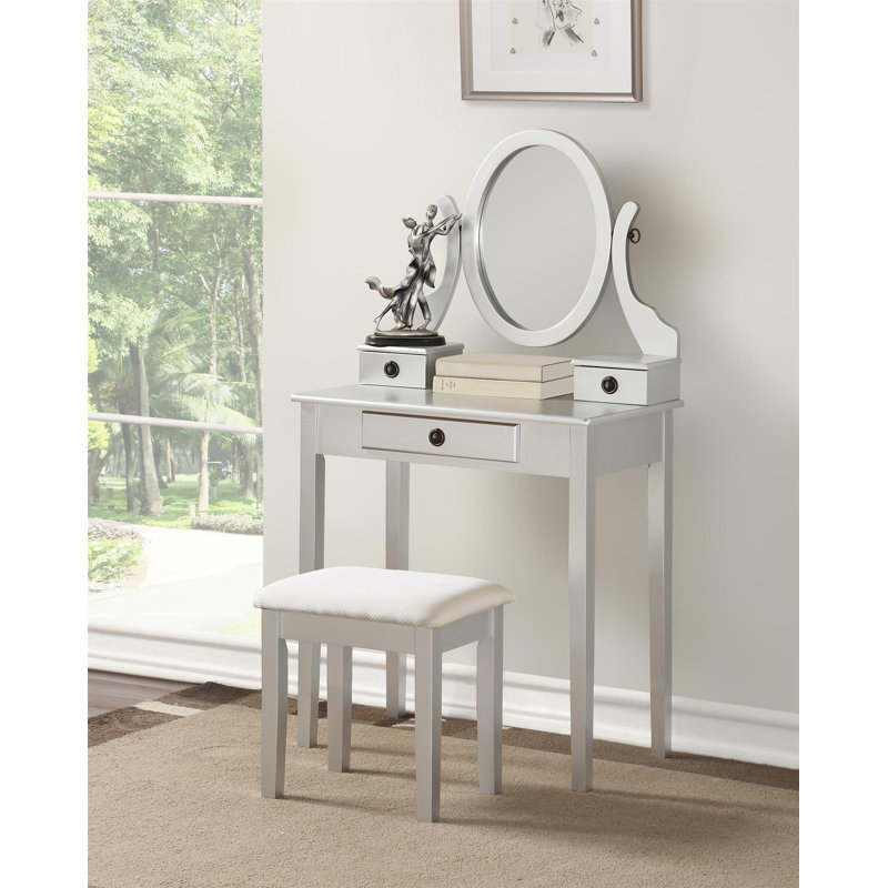 Landisburg Wood Moniya Makeup Vanity Table And Stool Set, Silver