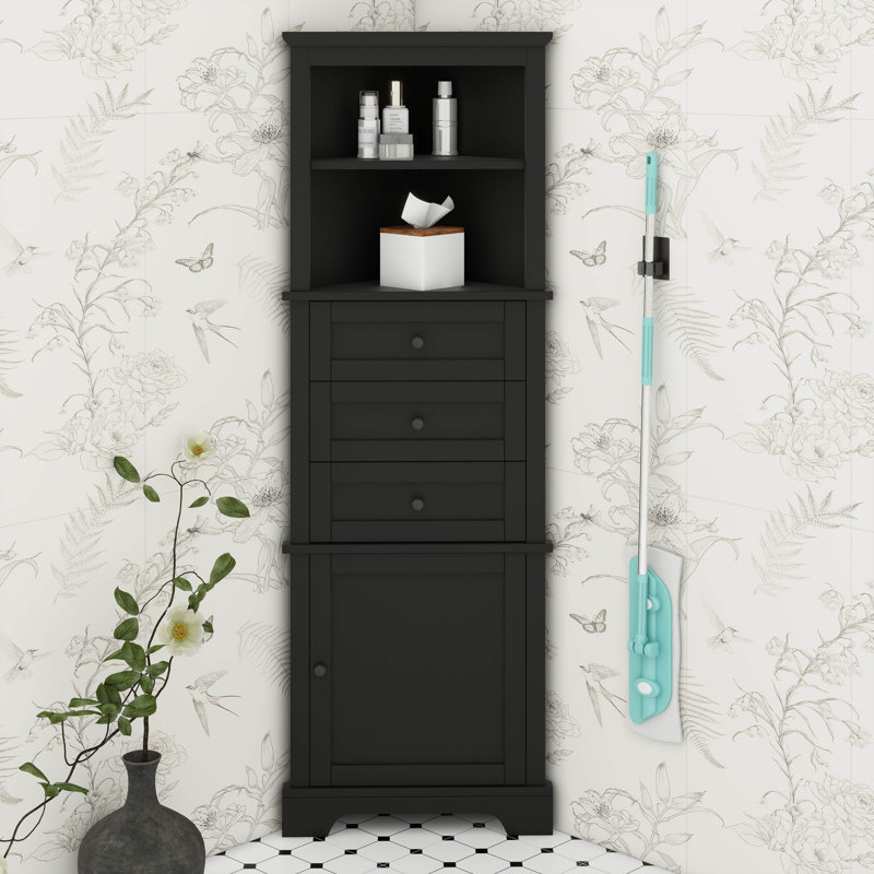 Tall Corner Bathroom Cabinet With Doors, Triangle Organizers And Storage With 3 Drawers And Adjustable Shelves, Toilet Cabinet For Bathroom