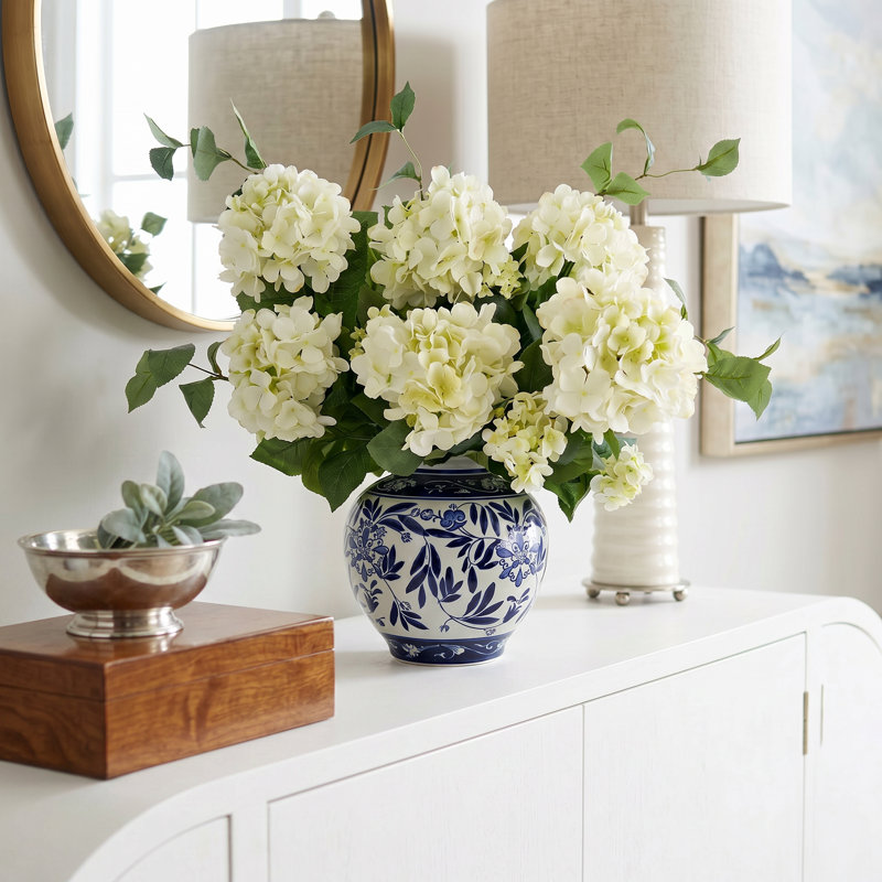 Ferrer Handcrafted Lifelike Hydrangea Ceramic Vase Arrangement, 24" H x 21" W x 21" D, White