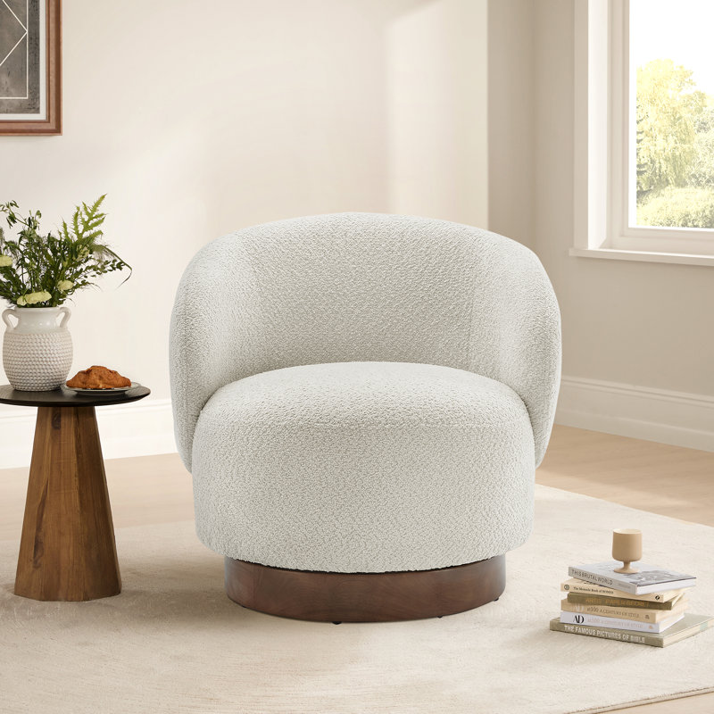 Modern Swivel Barrel Chairs With Wood Base, Cream