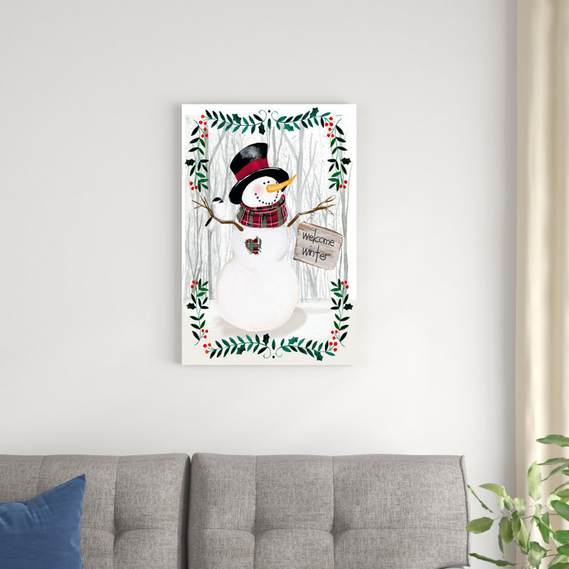«Folk Snowman Forest I» par Jennifer Paxton Parker - peinture sur toile tendue, H 30 po x l 20 po