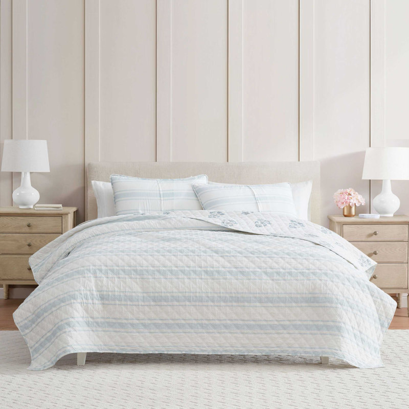 Martha Stewart Flower Block Cotton Reversible Blue Quilt Set, King Quilt
