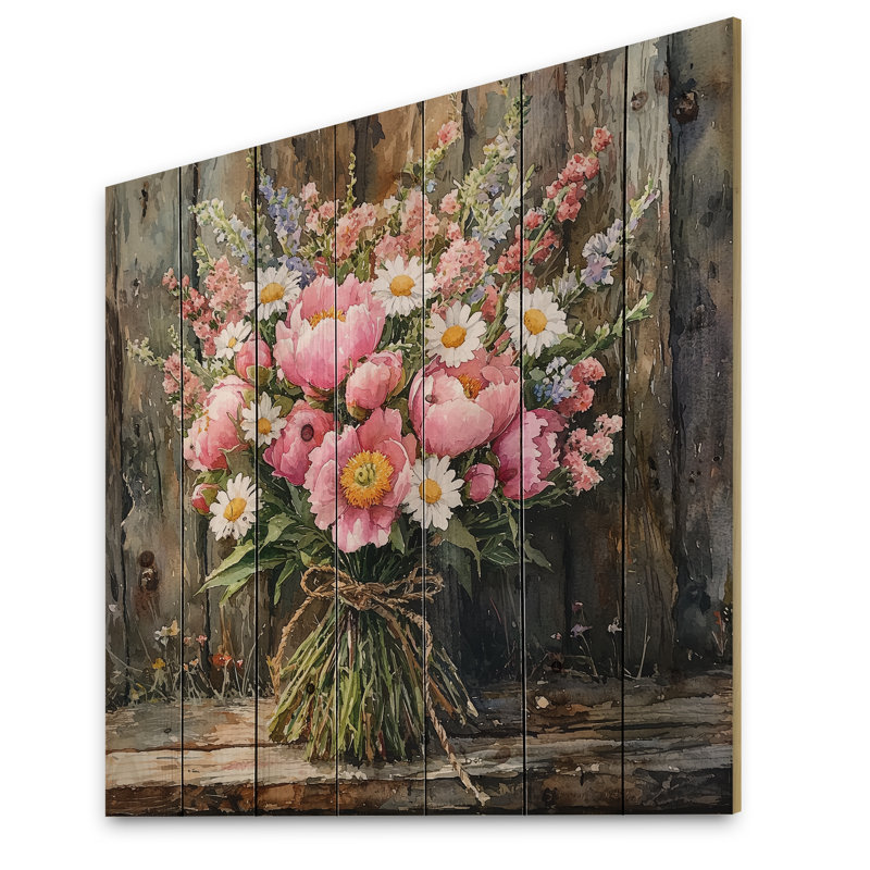 Rustic Romance Wildflowers Bouquet II - Décoration murale en bois avec bouquets assortis - sur bois de pin naturel