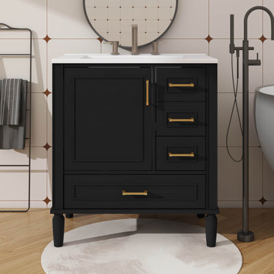Meuble-lavabo de 30 pouces comprenant une tablette intégrée, un tiroir profond, un tiroir régulier et un tiroir diviseur allongé