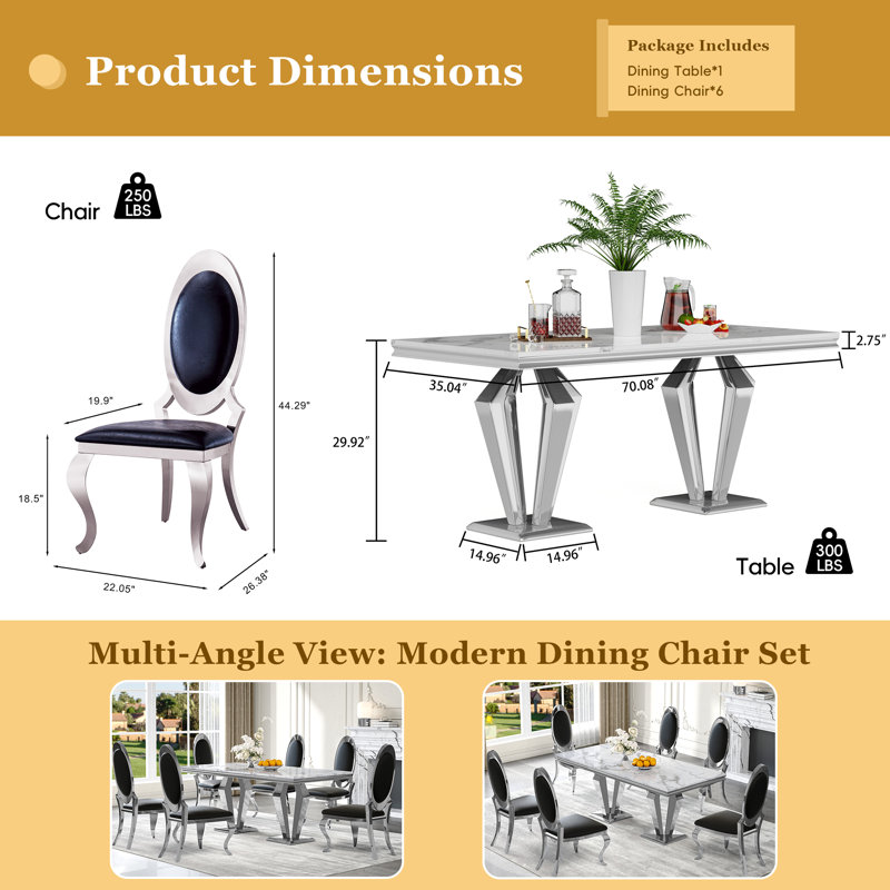 7-Piece Dining Table Set, Marble Veneer Mdf Dining Table, With 6 Faux Leather Dining Chairs, White/Silver/Black