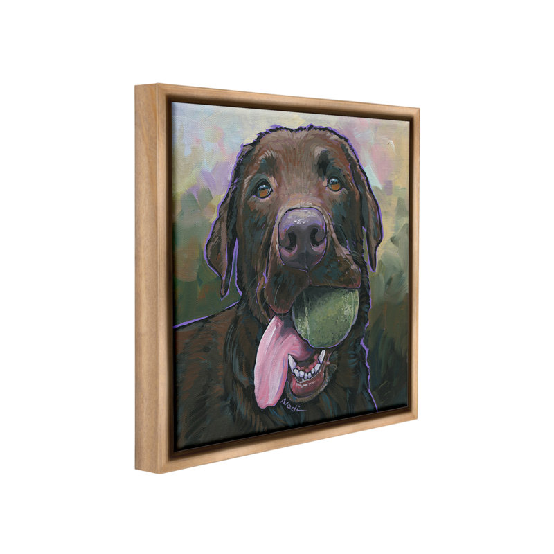 "Chien jouant au ballon" par Nadi Spencer sur toile, H 25 po x l 25 po, Cadre flottant orme Montalcino