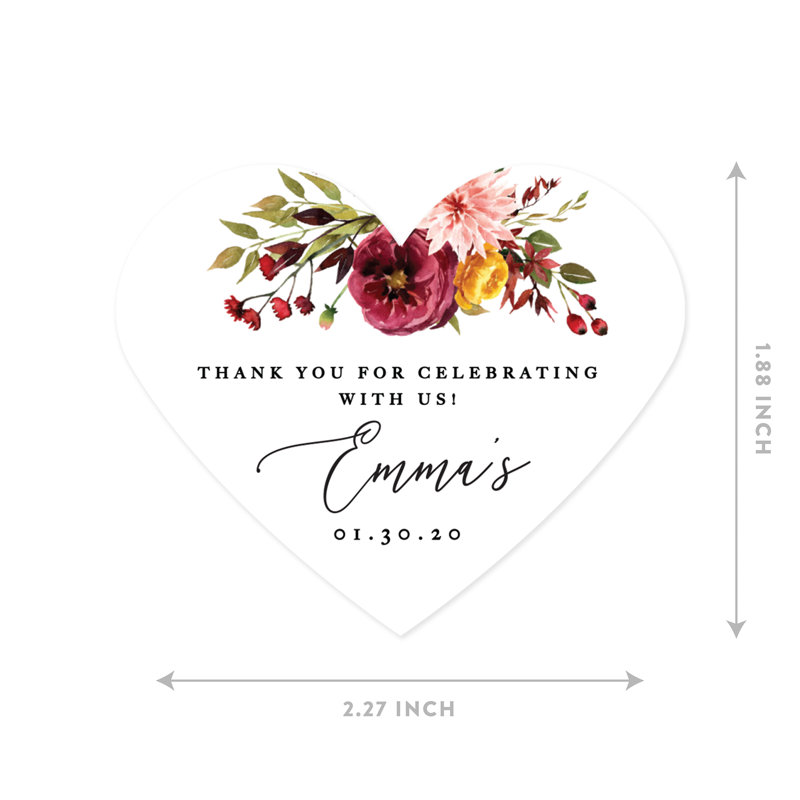 Automne bourgogne, mariage de Marsala, autocollants personnalisés avec étiquette cœur, «Thank You For Celebrating With Us», conception graphique florale de Marsala, paquet de 75
