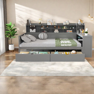 Lit de jour double avec tablettes de rangement, lit multifonctionnel avec deux tiroirs de rangement et bureau d'étude