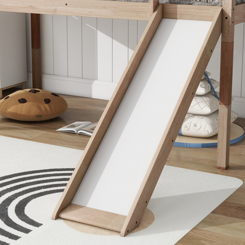 Kids Twin Loft Bed Frame with Slide and Guardrails, Low Loft Bed with Under Storage and Safety Rails for Sleep and Play Area, Easy Assembly and No Box Spring Needed, Natural
