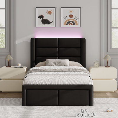 Modern Faux Leather Bed Frame with Upholstered Headboard and LED Lights