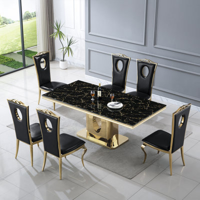 70.08" Rectangular Faux Marble Top Pedestal Dining Set