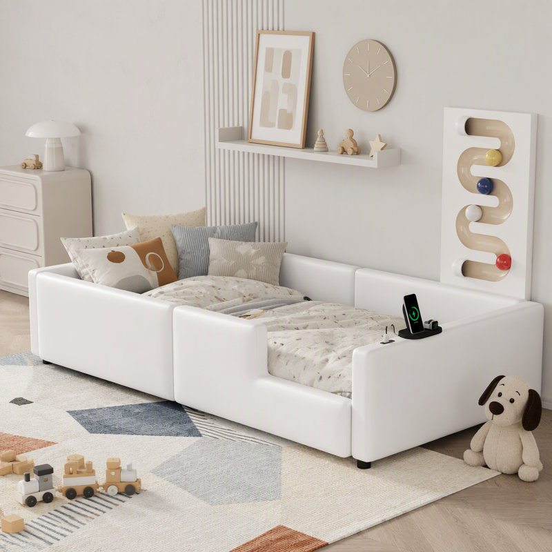 Twin Size Upholstered Platform Bed, White