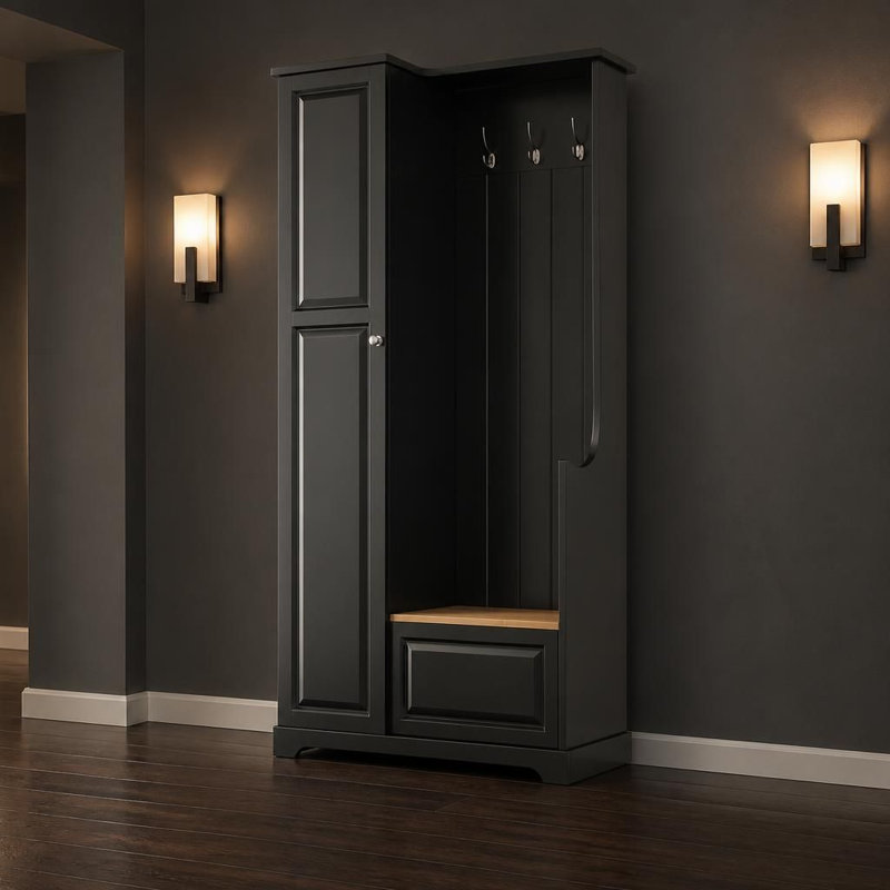 Arbre d'entrée multifonctionnel avec banc de rangement rabattable, range-chaussures minimaliste avec tablettes réglables et crochets de suspension, mobilier d'entrée peu encombrant