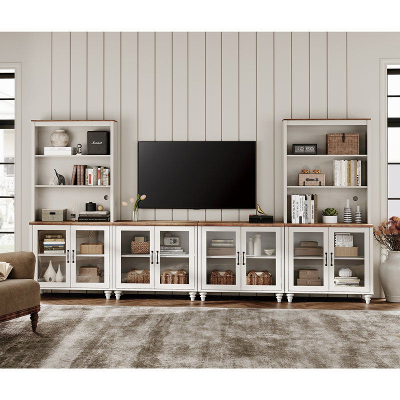 Farmhouse TV Stand With Bookshelves For, Modern Entertainment Center With Glass Doors, White TV Console For Living Room, Bedroom