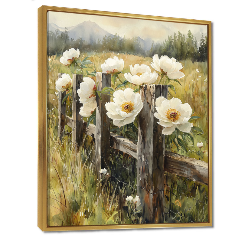 Pivoines dans la clôture pastorale I - Décoration murale pivoines, H 20 po x l 12 po, Reproduction avec cadre flottant, Doré