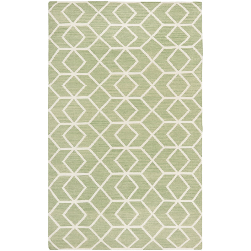Rodgers Hand Woven Flat Weave Wool/Cotton Geometric Rug in Sage/Ivory, Rectangle 6' x 9'