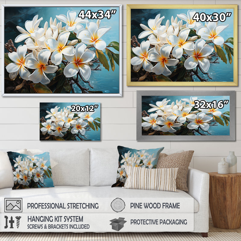 Fleurs de Plumeria méticuleusement rendues blanches P Dba522B1 - Art mural Plumeria, H 34 po x l 44 po x P 1,5 po