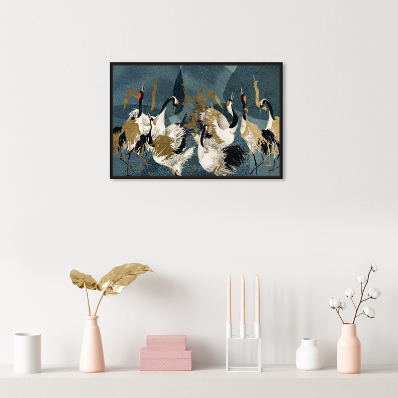 «Crane Love» par Oliver Gal, Toile avec cadre flottant noir, H 17 po x l 25 po x P 1,75 po
