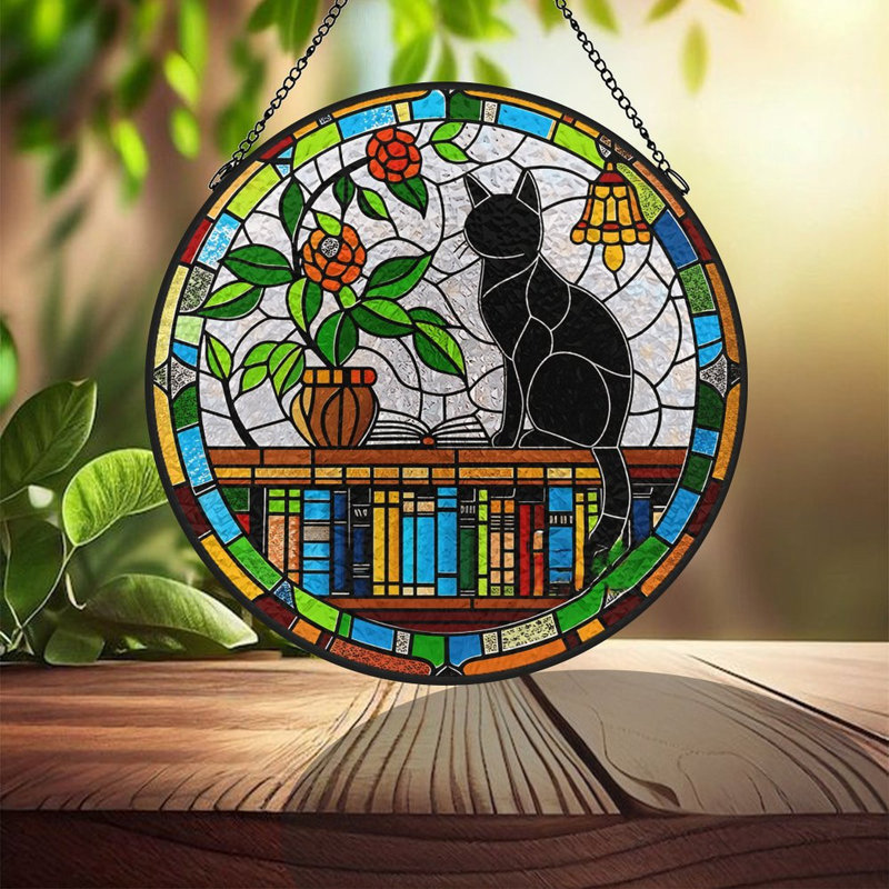 Vitrail chat noir vitrail pour fenêtre, 9,8 x 9,8 po (25 x 25 cm)