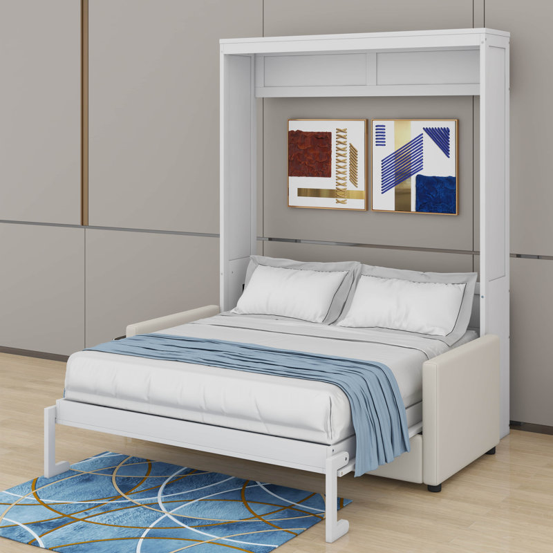 Lit escamotable double pleine grandeur avec coussin, Blanc