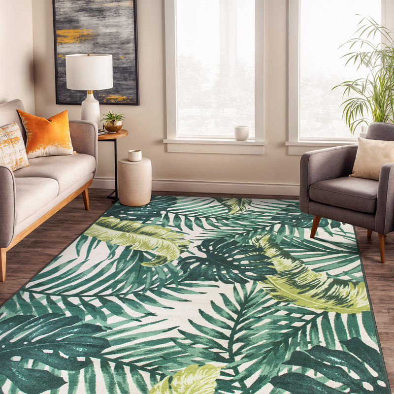 Contemporary Tropical Floral Leaves Non Slip Area Rug, Rectangle 5' x 7'