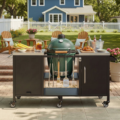 Mobile Outdoor Grill Cart with Adjustable Countertop, Foldable Prep Table, Spice Rack and Ample Storage