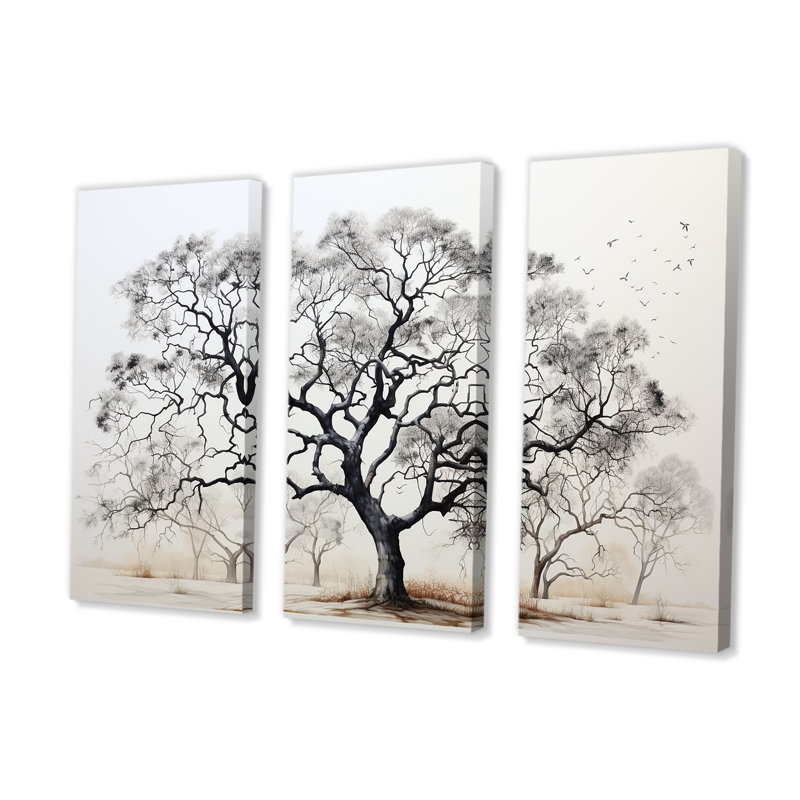 Minimalisme noir et blanc avec arbres en chêne III - ensemble d'art mural sur toile chêne, H 40 po x l 60 po x P 1 po