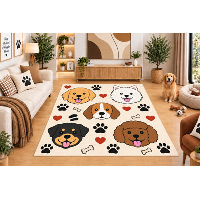 Tapis « Ultra Fin » 152 x 213 cm (5 pi x 7 pi) à motifs de chiens mignons, chiots de races variées avec empreintes de pattes, cœurs et os, pour salon ou chambre d'animal de compagnie, dos en silicone antidérapant, poils courts.