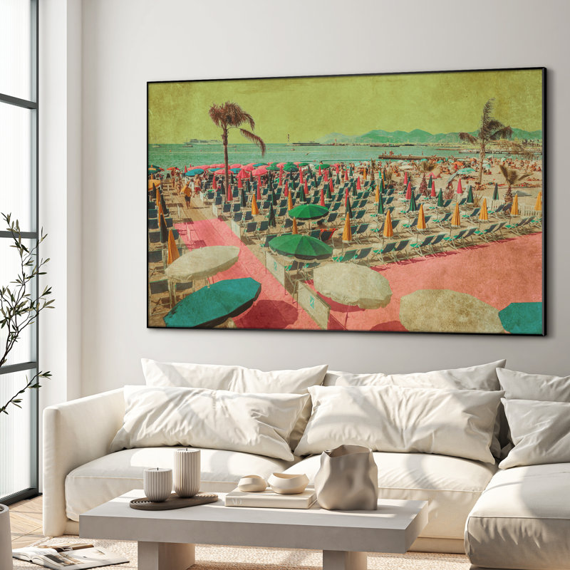 Très grande reproduction d'art sur tissu - Parasol de plage coloré et chaises, scène rétro de station balnéaire pour maison de plage ou patio, décoration pour salon ou chambre à coucher