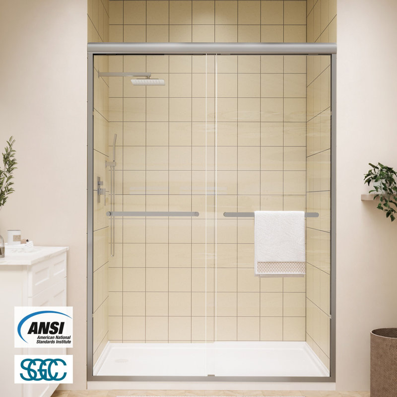 46"-48" W x 72" H Framed Double Sliding Shower Door in Brushed Nickel with Clear Tempered Glass, Dual Handles, Brushed Nickel
