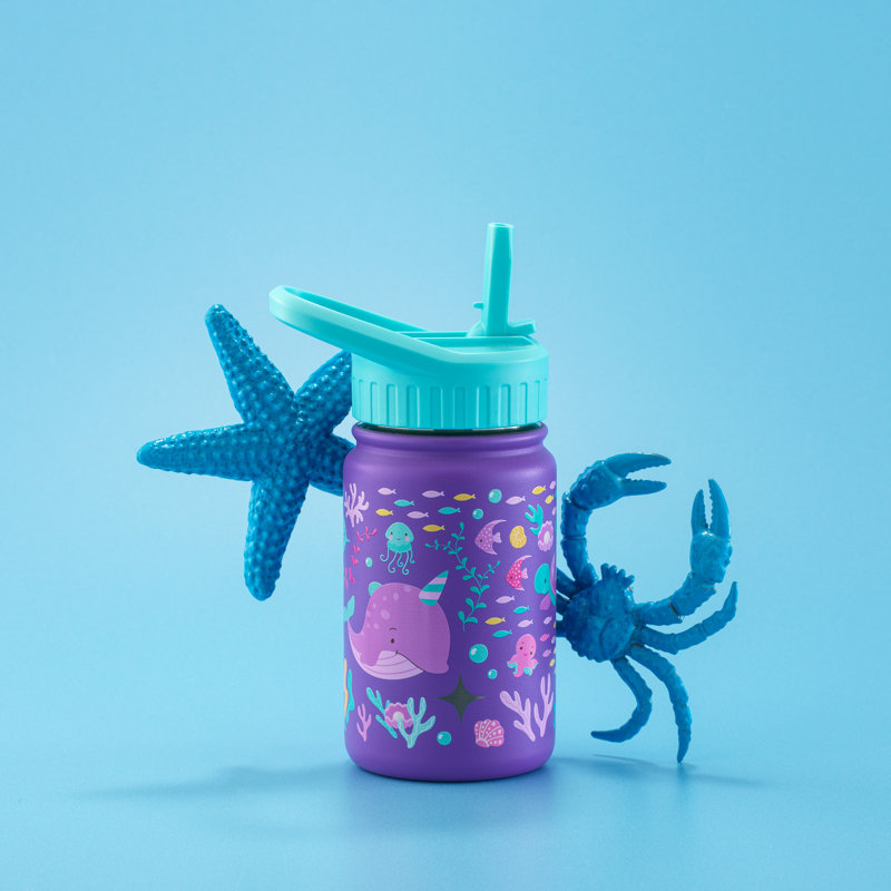 Bouteille d'eau isotherme en acier inoxydable pour enfant JoyJolt 12 oz avec paille et couvercle, mer
