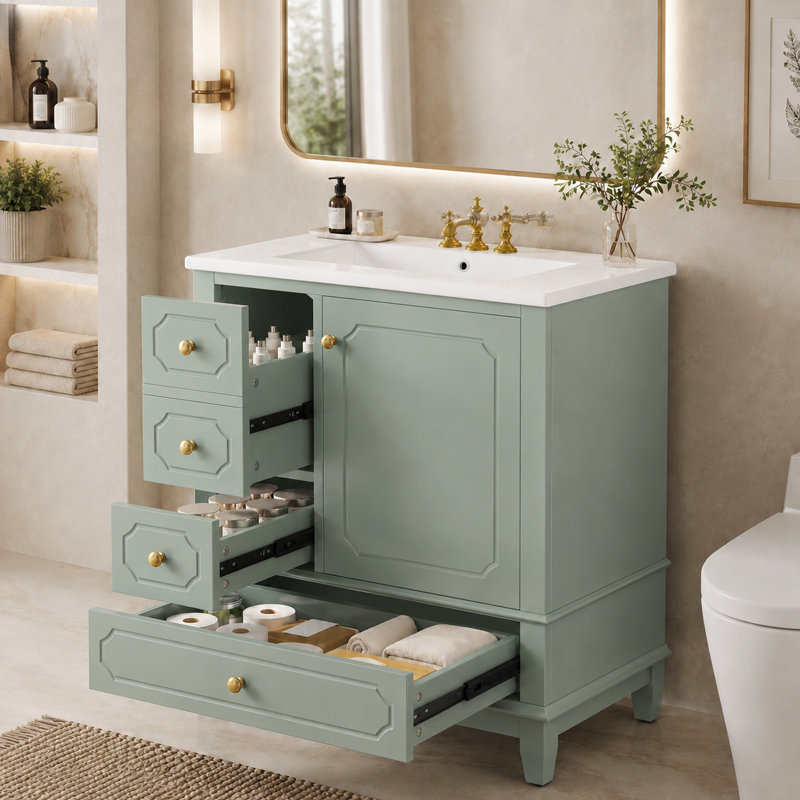 Meuble-lavabo autoportant Velmori de 30 po avec comptoir en céramique et rangement intelligent, Sage Green, Satin Brass