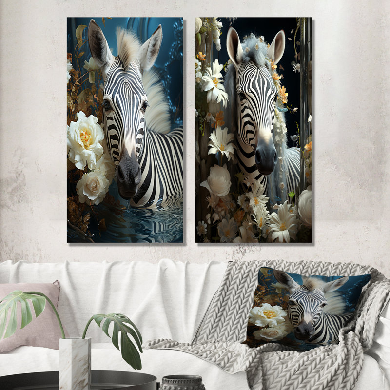 Zeste de zèbre avec fleur blanche - animaux, ensemble de 2 reproductions d'art sur toile zèbre, Toile tendue