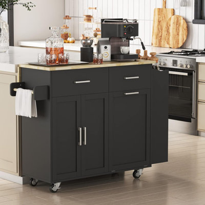 Rolling Kitchen Island with Storage Cabinet, Kitchen Island with Drop Leaf, Tilt Out Trash Cabinet by Gracie Oaks