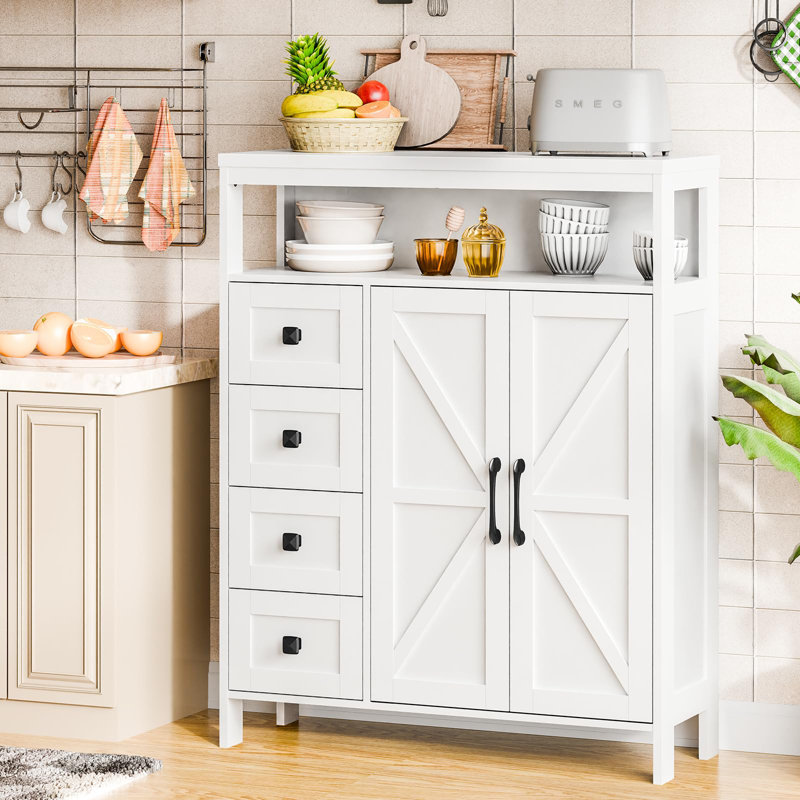 Armoire de rangement Farmhouse avec 2 portes et 4 tiroirs, Blanc