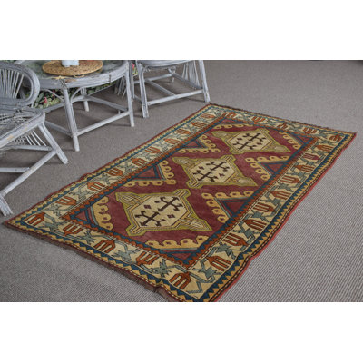 Vintage Anatolian Turkish Accent Wool Rug in Red Ideal for Kitchen or Bedroom Decor