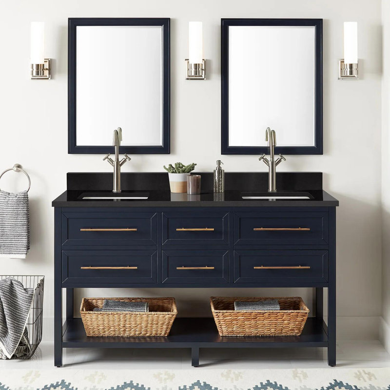 60" Robertson Double Bathroom Vanity Set with Rectangular Undermount Sinks, Single Hole, Midnight Navy Blue, Carrara Marble