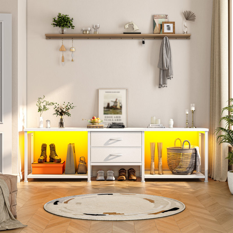 Modern Tv Stand With Led Lighting, 2 Fabric Drawers & Media Niches, 55 Or 63 Inch, 19.69”H x 63”L x 15.75”W, White