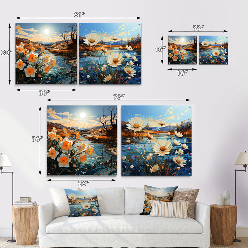 «Daffodils Tranquility Floral Field I», ensemble de 2 verres muraux en acrylique, H 16 po x l 33 po