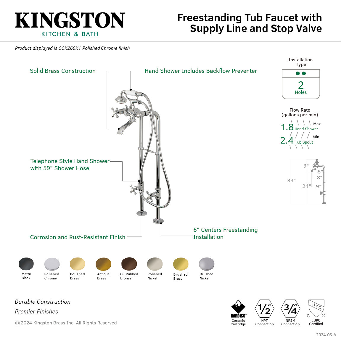 Kingston Freestanding Tub Faucet with Supply Line, Polished Nickel