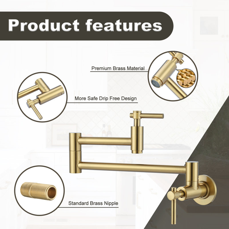 Brass Wall Mounted Two-Handle Pot Filler Kitchen Faucet with Double Joint Swing Arm, Gold